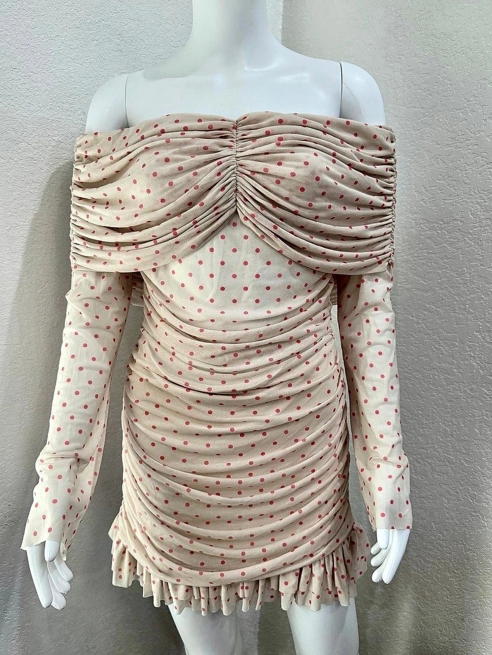 AFRM Polka Dot Ruched Mini Dress in Cream & Pink Size Large Like